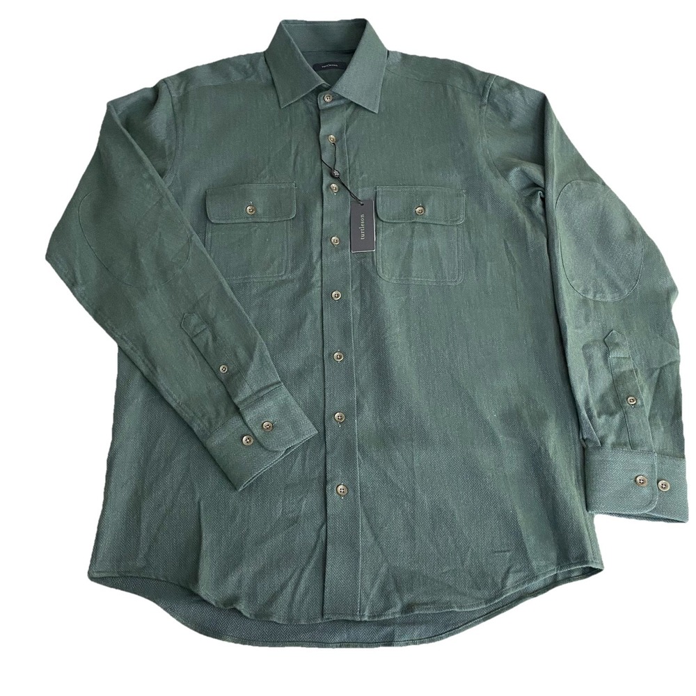 Turtleson Men's Small Jamie Herringbone Button Up Flannel Shirt Green‎ Pine/Navy